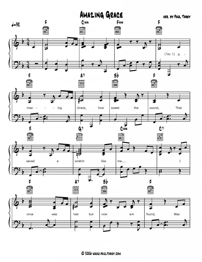 Amazing Grace Sheet Music PDF Piano & Guitar Paul Tobey